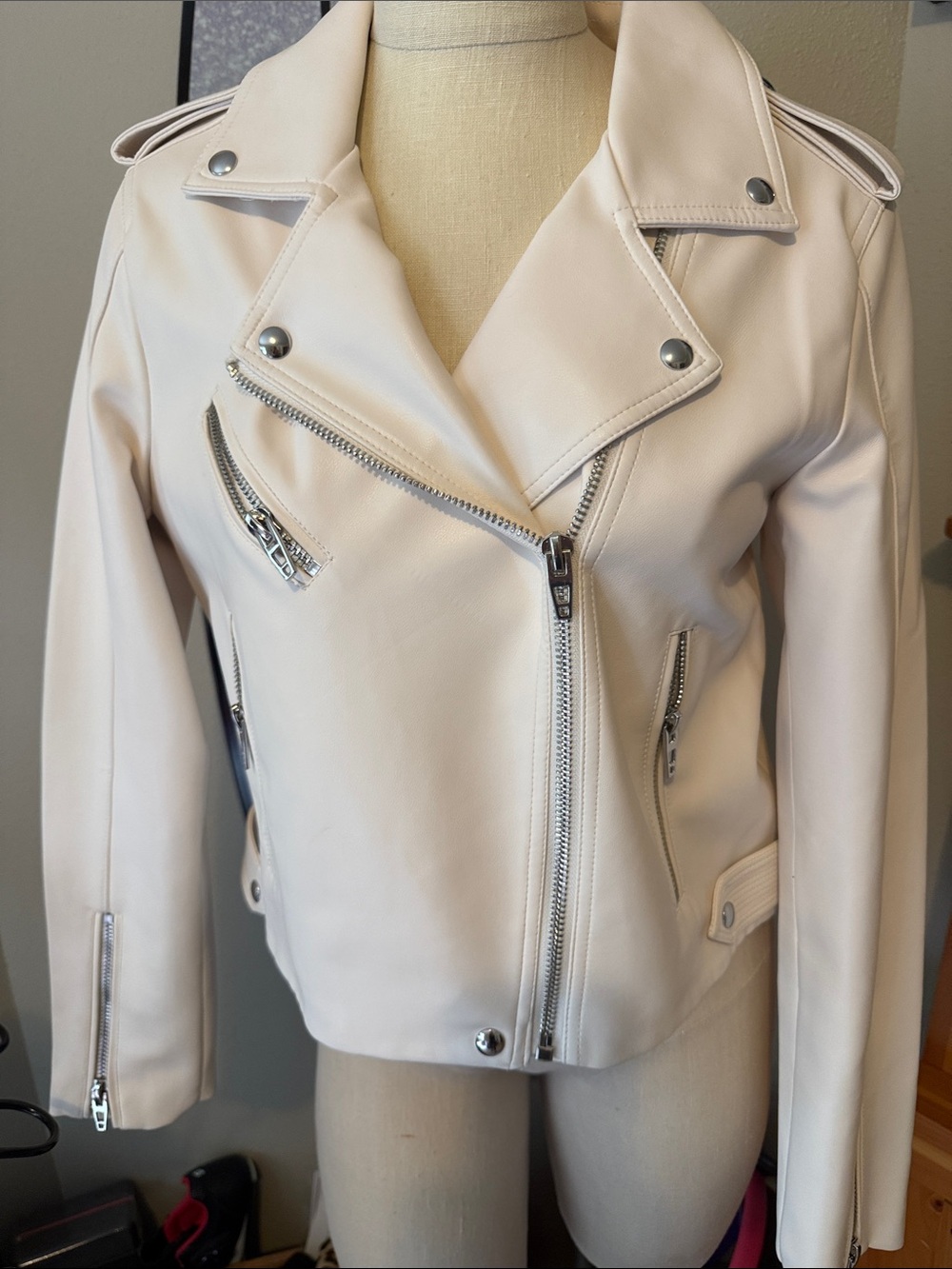 Truth Cream Faux Leather Moto Jacket with Silver Hardware